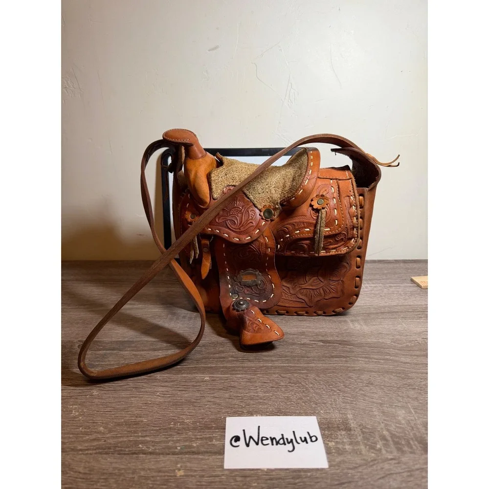 Western Shoulder Bag Horse Saddle Hand Tooled Leather Brown Medium